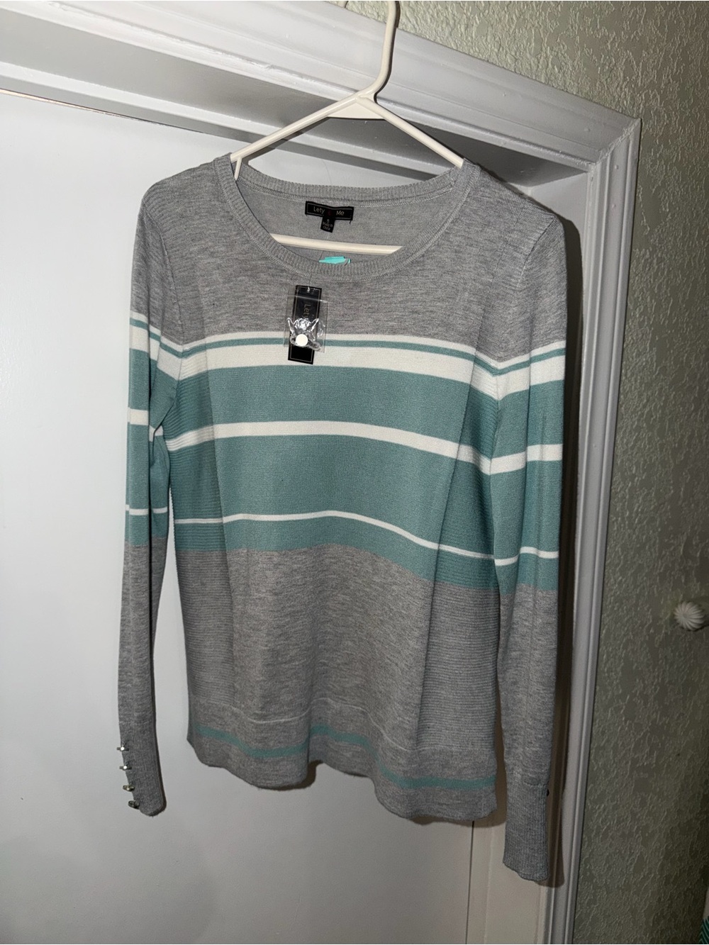 LOFT Gray Crewneck Sweater with Teal and White Stripes